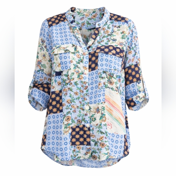 Large Eden & Olivia Patchwork Multicolor Button Down Boho Blouse | Pockets - Picture 3 of 6